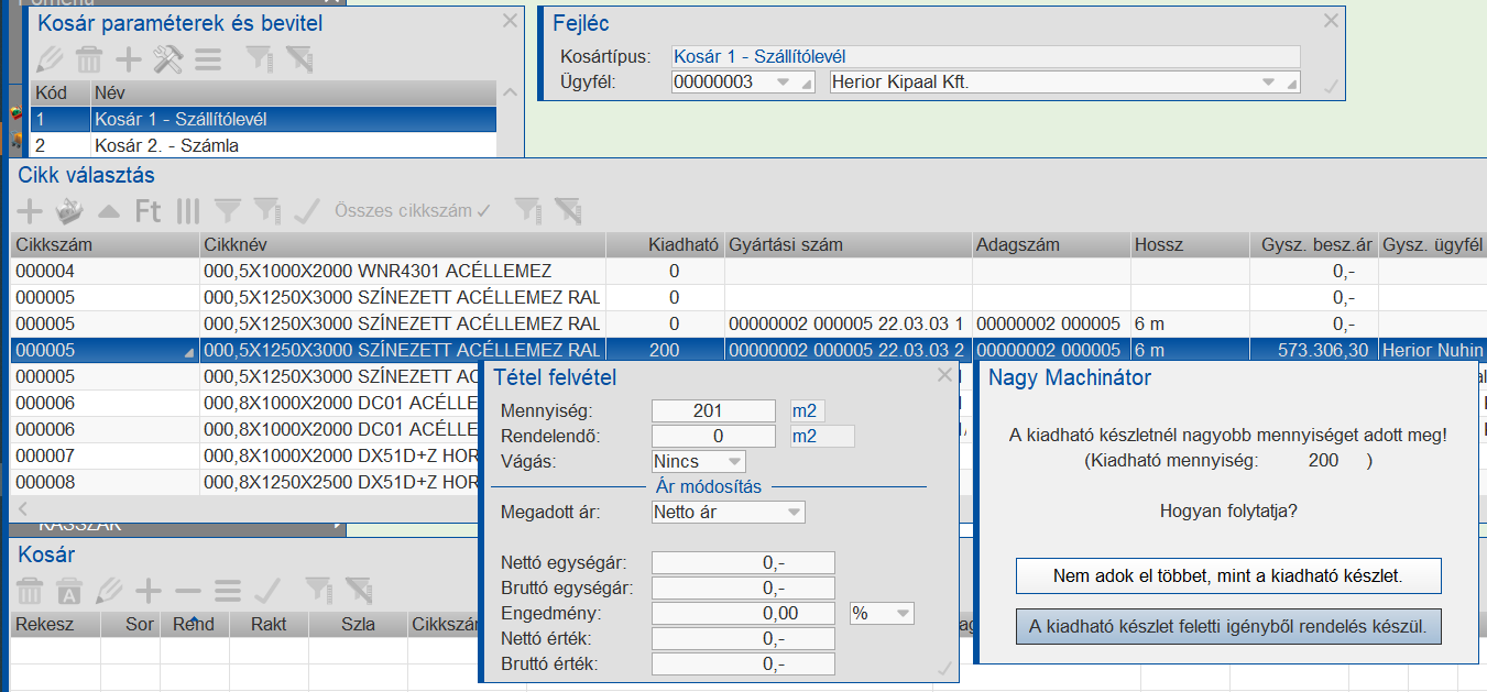 Kosár funkció rendeléskezelése