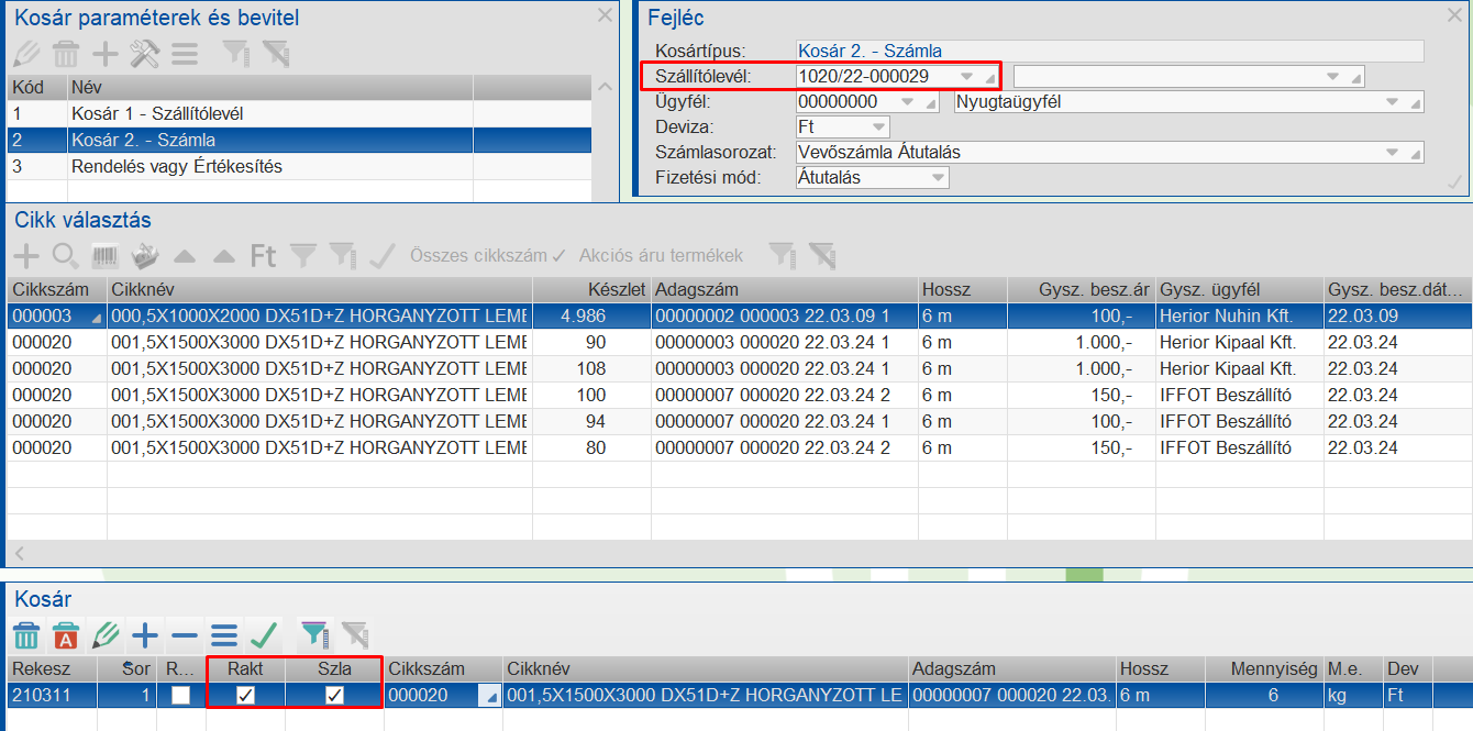 Szállítólevél betöltése, modosítás és számlázása