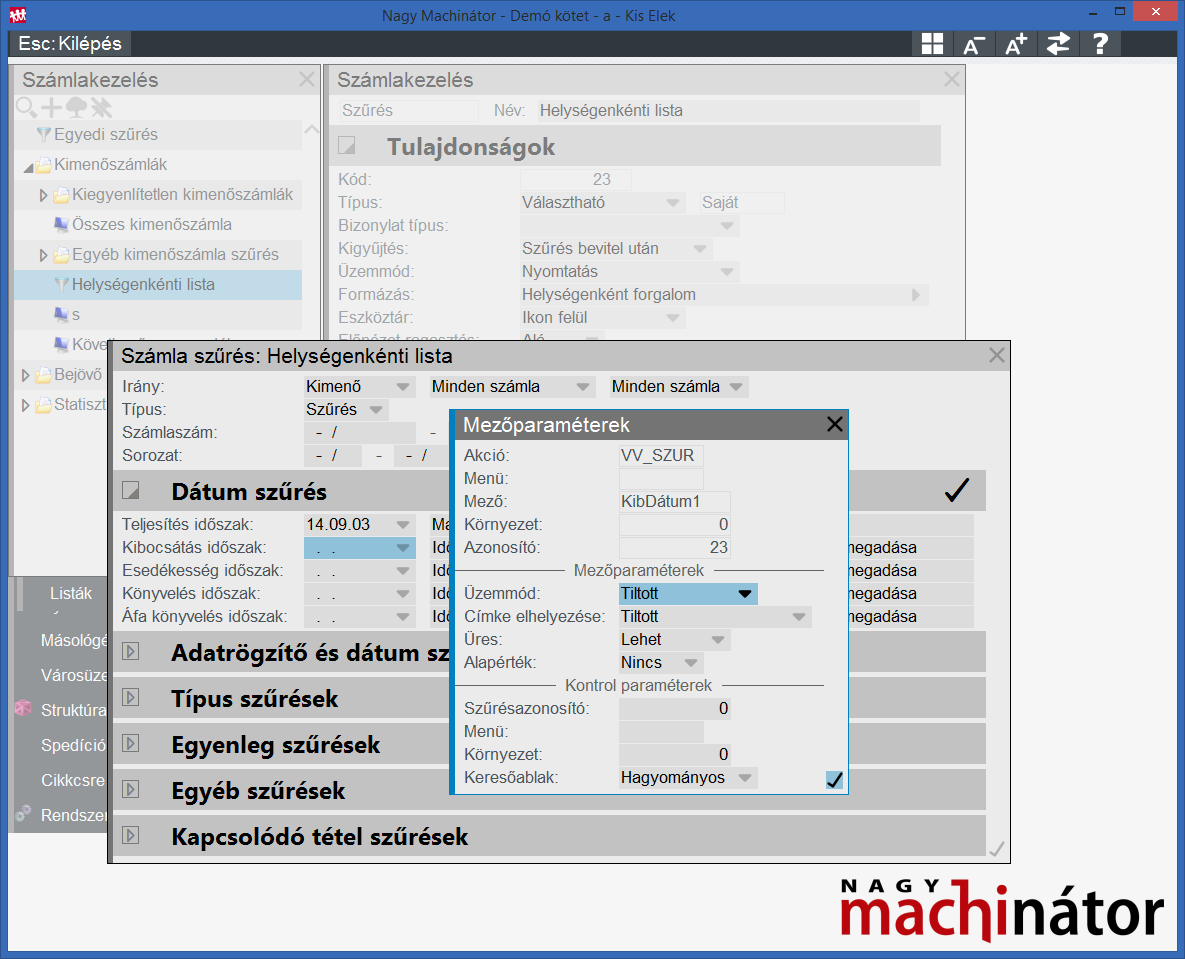 Mezőparaméterezés megadása szűrés definiálása során.