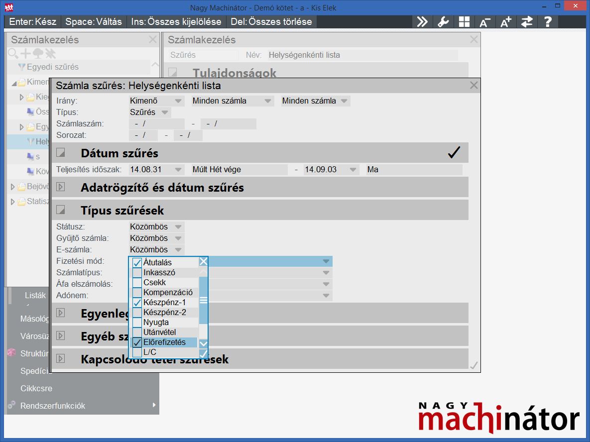 halmaz szűrés megadása