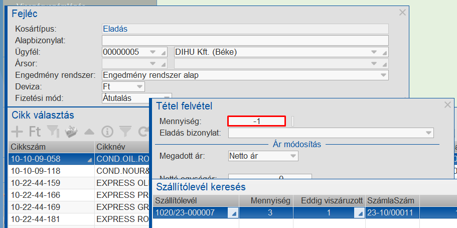 Kosárban vevő visszáru kezelése