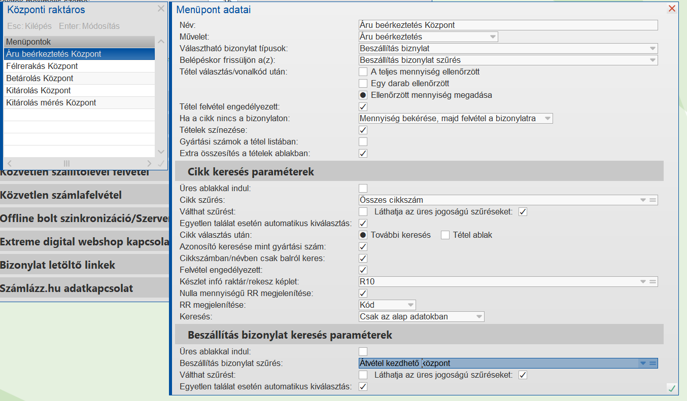Árubeérkeztetés paraméterezése