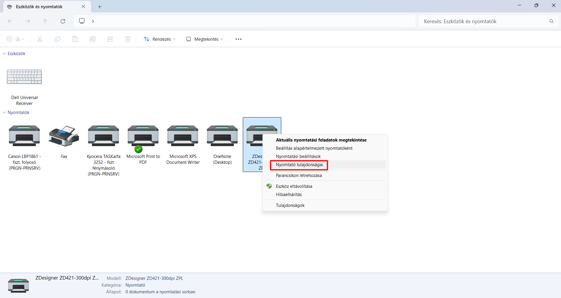  Nyomtató tulajdonságok megnyitása