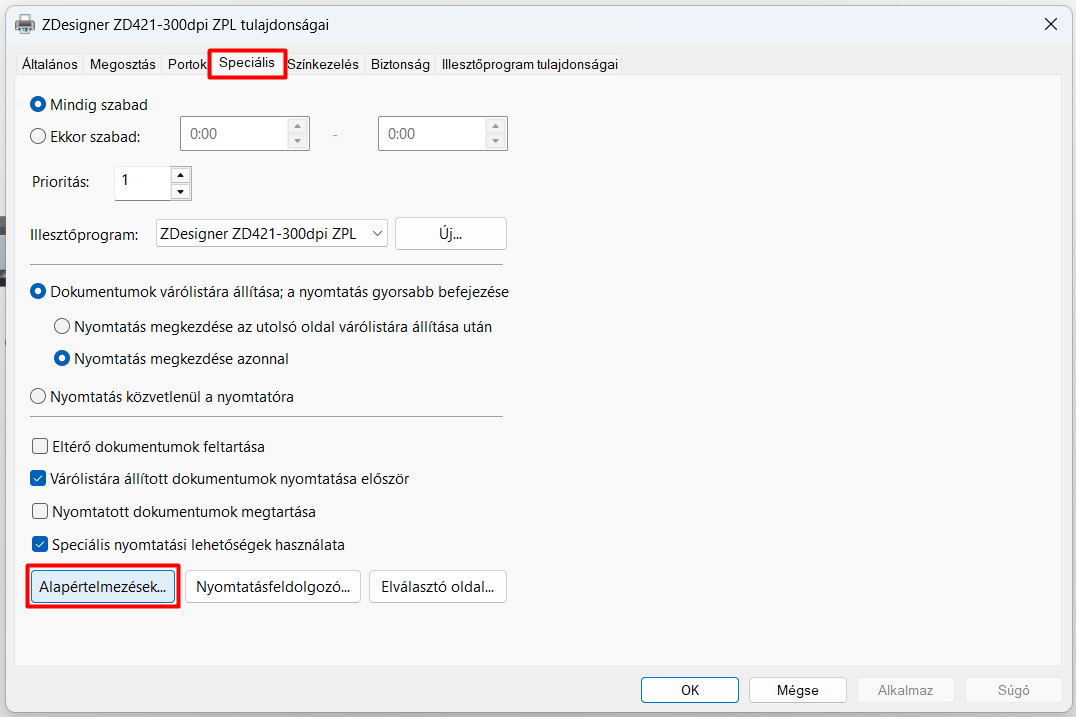 Speciális / Alapértelmezések