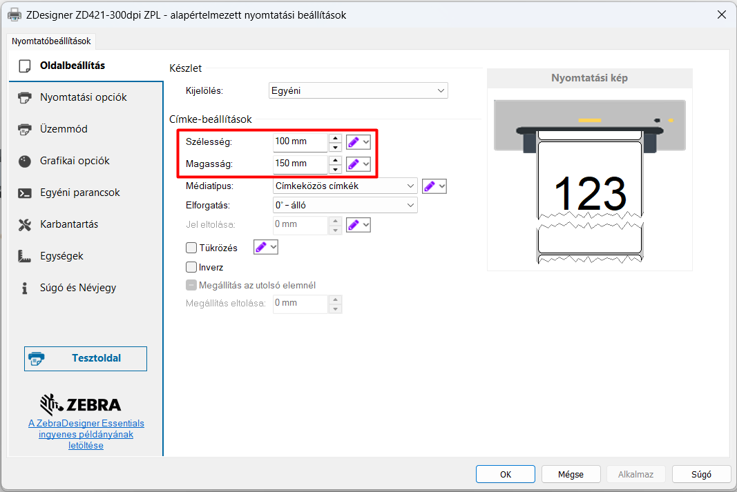 Alapértelmezett címkeméret