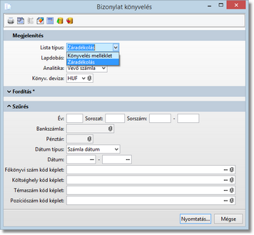 A bizonylat könyvelés lista párbeszédablaka