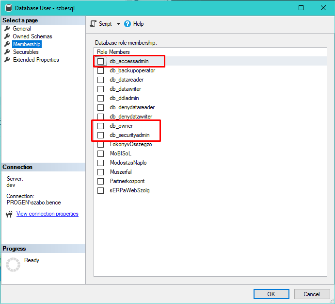 - adatbázis role beállítása SQL Management Studioban -