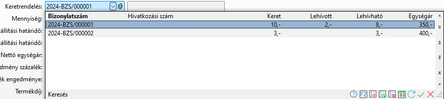- Keretrendelés keresés táblázat adatai -