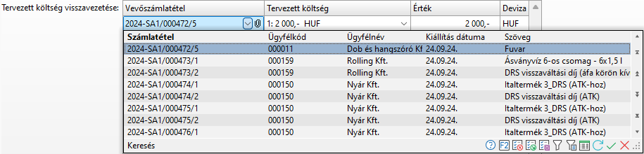 - Tervezett költség keresés táblázat adatai -