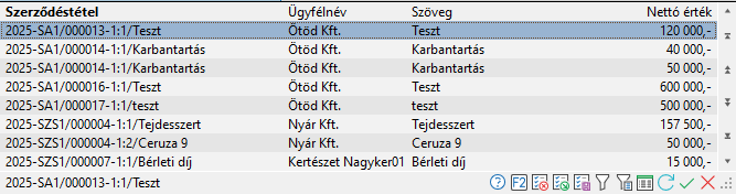 - Szerződés tétel keresés táblázat adatai -