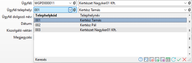 - Ügyfél telephely keresés táblázat adatai -