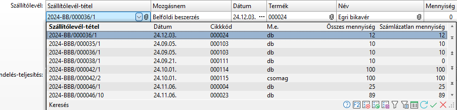 - Szállítólevél tétel keresés táblázat adatai -
