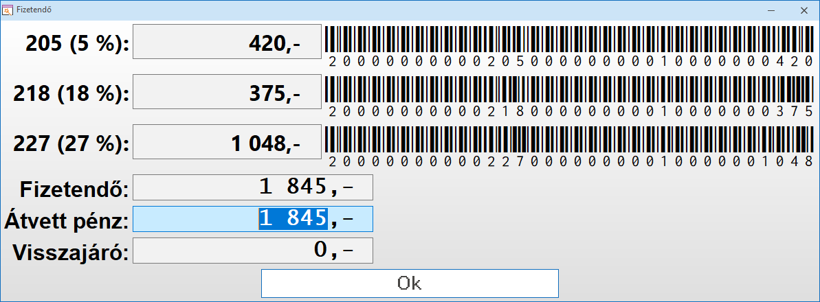 - Kisker számlázás fizetendő ablak a Vonalkód leolvasás típusú pénztárgép paraméter kód használatával -
