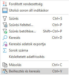 - a keresőablak felbukkanó menüje -
