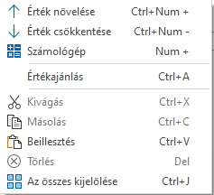 - A szám mezők felbukkanó menüje -