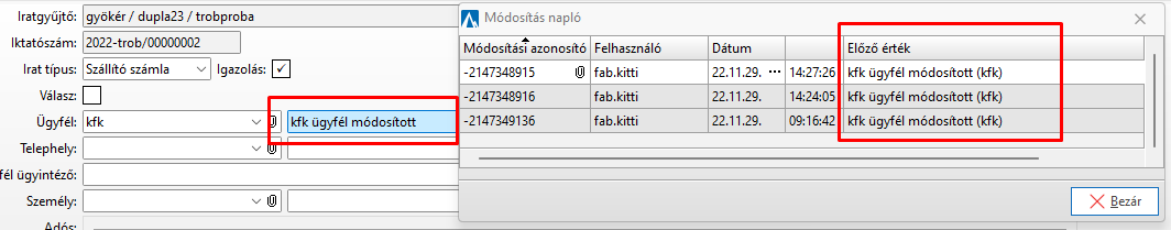 - Módosítási napló kisablak -