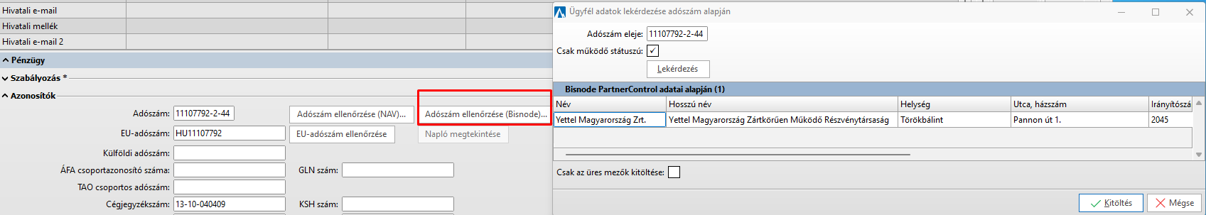 - Példa az adószám ellenőrzés gombra -