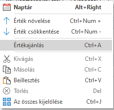 - A dátum mezők felbukkanó menüje -