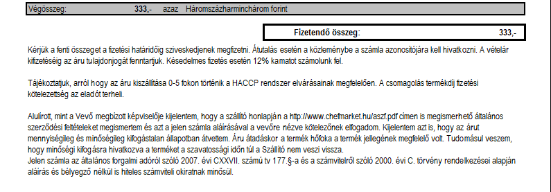 - Vevőszámla alsó megjegyzés a számlán -