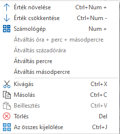 - Az időtartam mezők felbukkanó menüje -