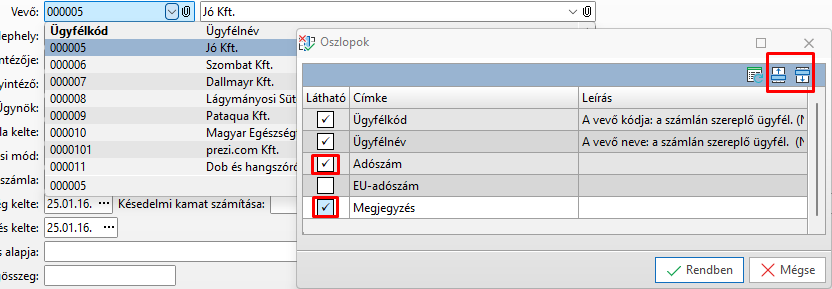 - Ügyfél keresés bővítése Adószám és Megjegyzés mezőkkel -
