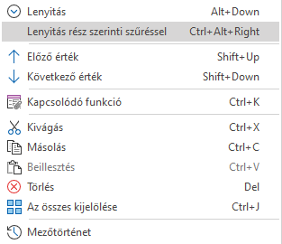 - A keresés mezők legördülő menüje egyszerű törzsadatokon-