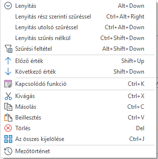- A keresés mezők legördülő menüje szűrést is biztosító egyedi keresés esetén -