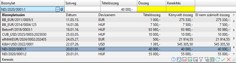 - Bank kivonat tétel tárgyi eszköz keresés táblázata alapértelmezett oszlopokkal -