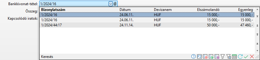 - Elszámolandó tétel keresés táblázat adatai -