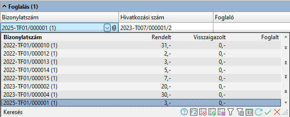 - Foglalandó rendelés tétel keresés táblázat adatai -