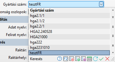 -Gyártási szám keresés táblázat adatai -
