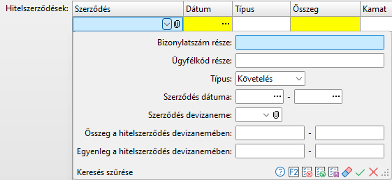 - Hitelszerződés keresés szűrési feltételei -