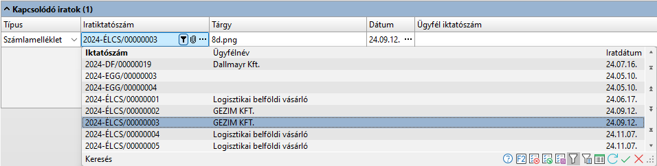 - Irat keresés táblázat adatai -