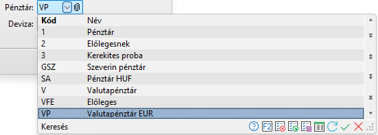 - Pénztár keresés táblázat adatai -