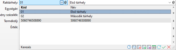 - Raktárhely keresés táblázat adatai -
