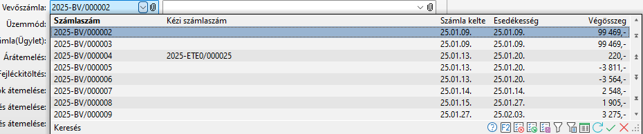 - Számla keresés táblázat adatai -