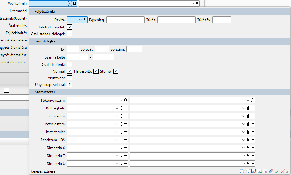 - Számla keresés szűrési feltételei -