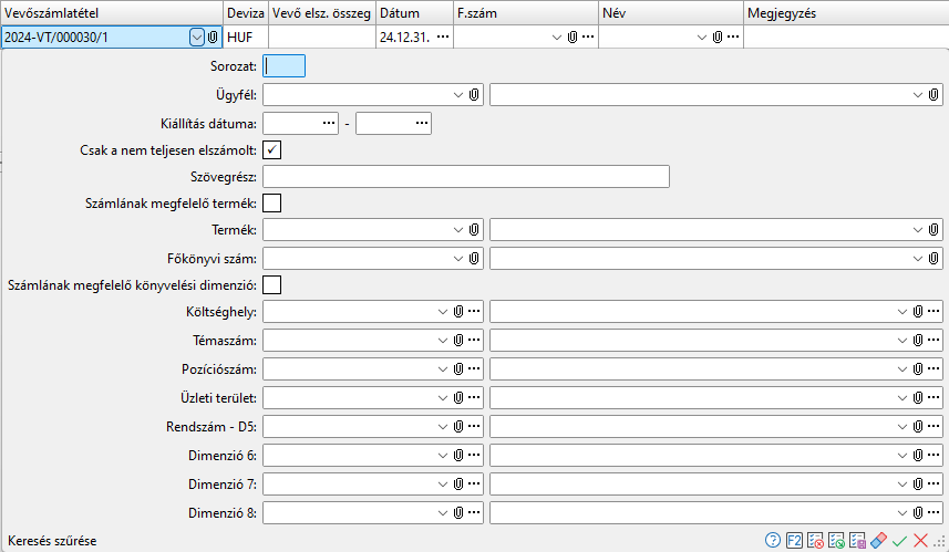- Számla tétel keresés szűrési feltételei -