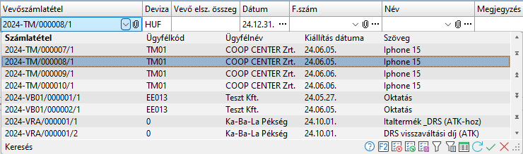 - Számla tétel keresés táblázat adatai -
