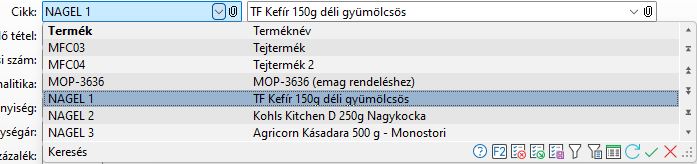 - Termék keresés táblázat adatai -