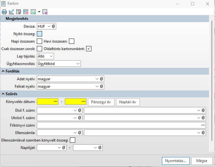 - Példa: a Főkönyvi karton lista párbeszédablaka - 