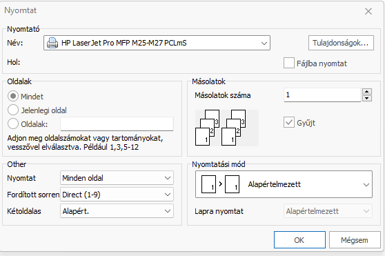 - Nyomtató választás, listázás beállítások -
