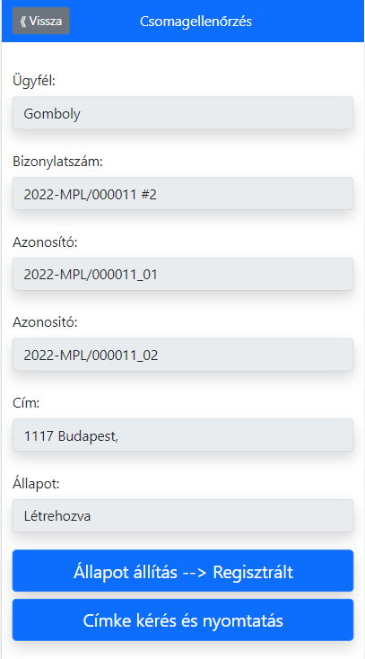 - A kiválasztott csomagnak a adatait tekinthetjük meg -