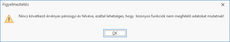 Nincs következő érvényes pénzügyi év felvéve, ezáltal lehetséges, hogy  bizonyos funkciók nem megfelelő adatokat mutatnak!
Ok