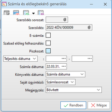 Számla és előlegbekérő párbeszédablak
