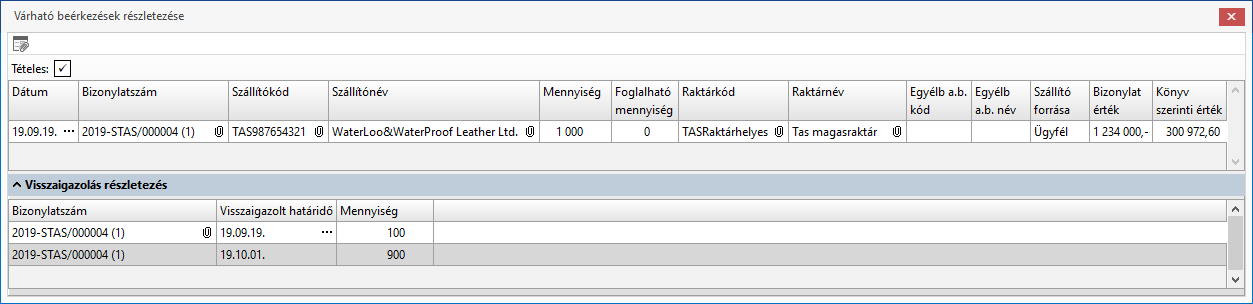 Várható beérkezések részletezése