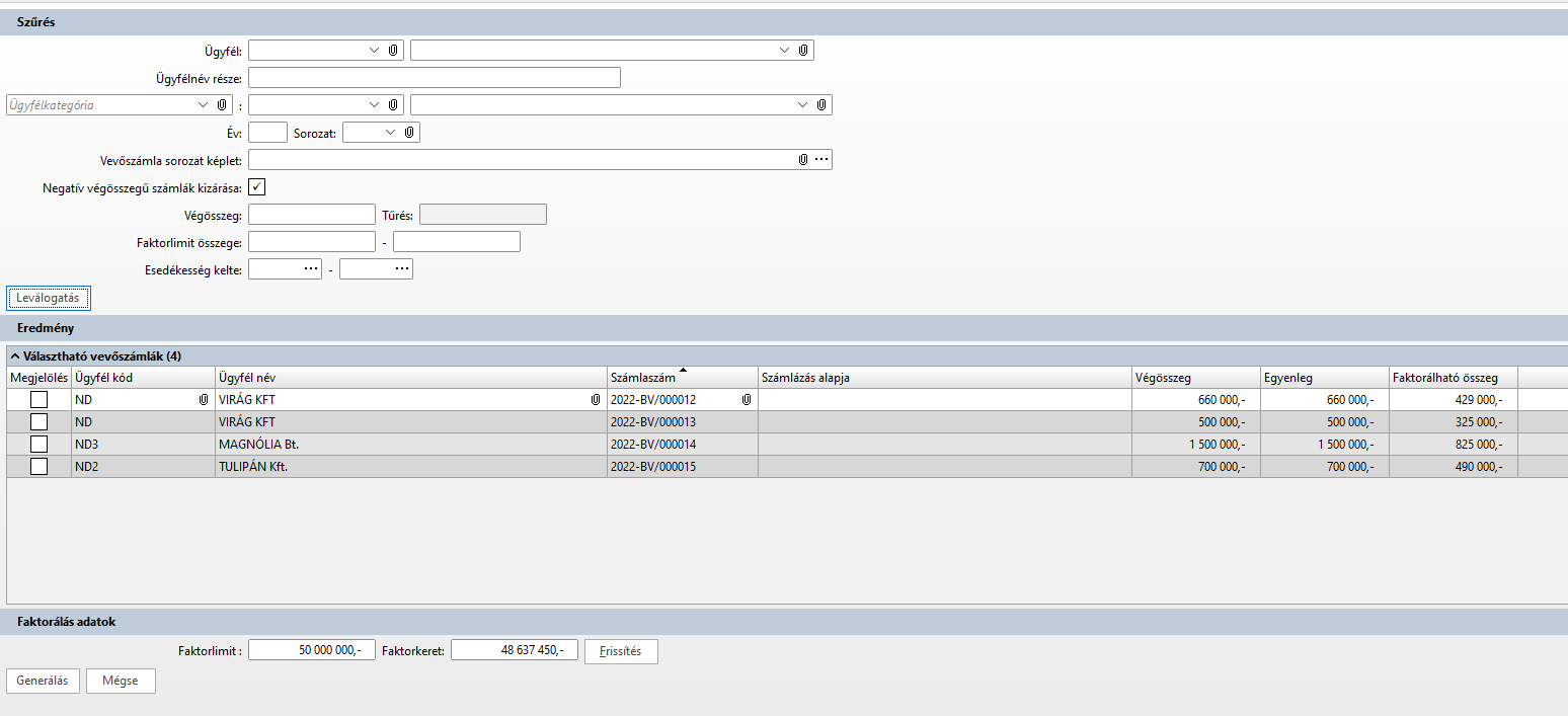 -A megjelölés mező segítségével kiválaszthatóak azok a vevőszámlák, amelyeket faktorálásra szeretnénk megjelölni-