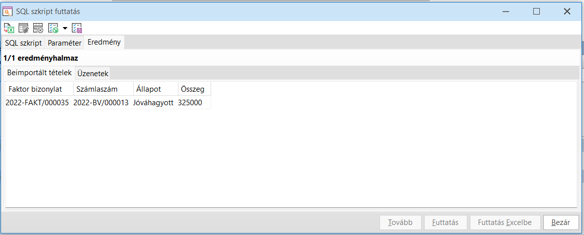 -FaktorAllapotImport szkript importálásának eredménye-