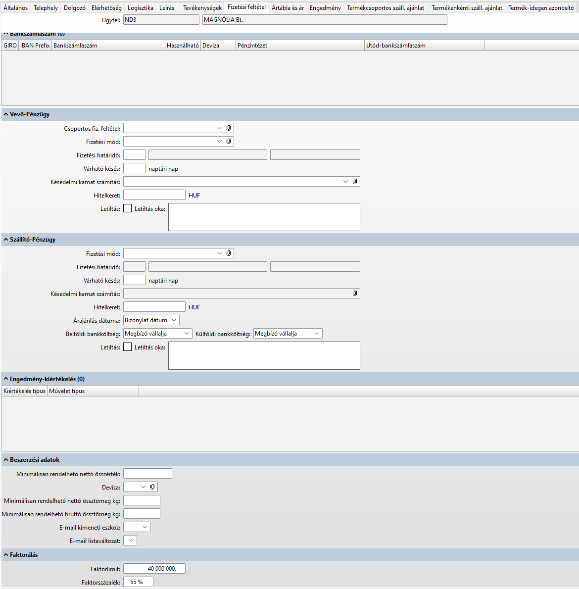 -Faktorlimit és faktorszázalék megadása az ügyféltörzsben-